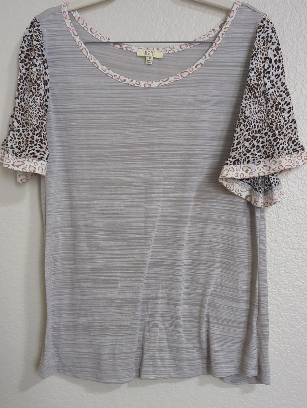 Kori Light Gray Short Sleeve Top with Leopard Print Ruffle Sleeves